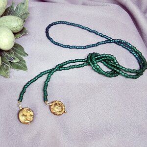 Green Seed Bead Lariat Necklace w/Gold Tone Sun/ Moon Beads Handmade - 33 & 3/4"